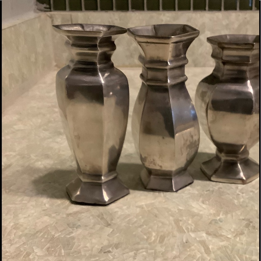 Pottery Barn Vases,Heavy Matte Pewter Silver,Set-3
